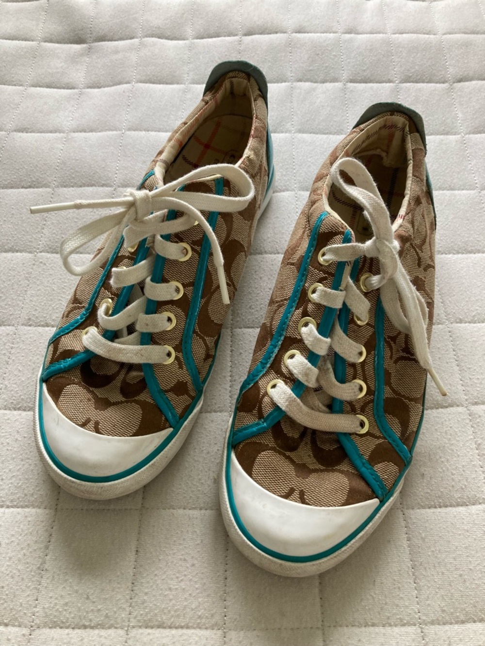 Coach Women’s Barrett Brown Signature Canvas Sneakers with Teal Trim